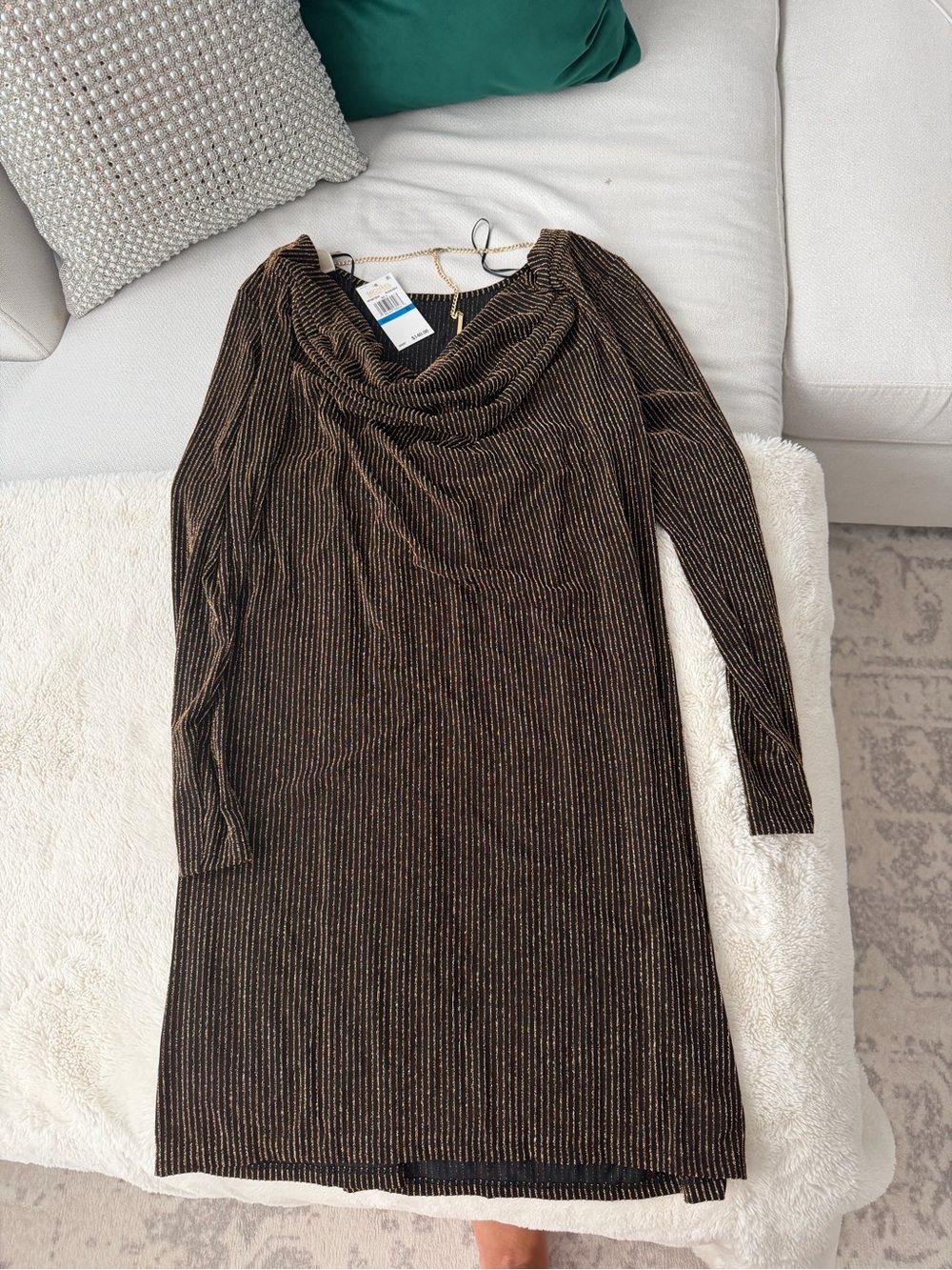 Michael Kors Black Dress with Gold Pinstripes, Long Sleeve Cowl Neck